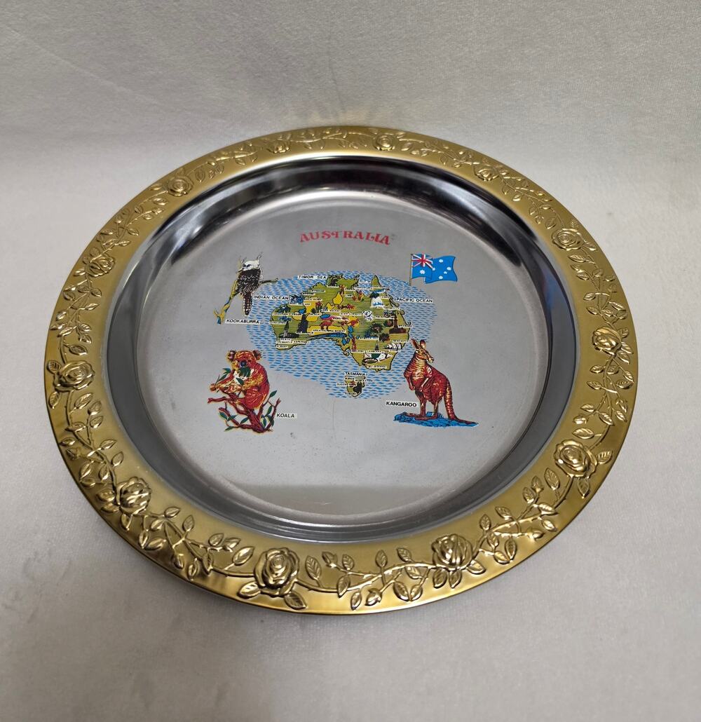 VNTG Australia Souvenir Tray Plate Stainless Steel Rose Gold Rim Made in Japan